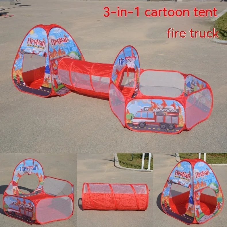 Three-in-one children's tent with marine cartoon design showing fabric tent, ball pool and connecting tunnel sections