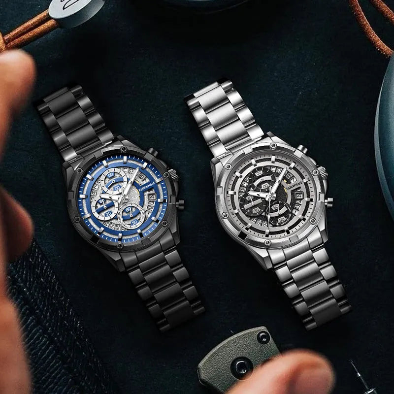 Men's luminous waterproof quartz watch with steel belt in black shell blue surface option