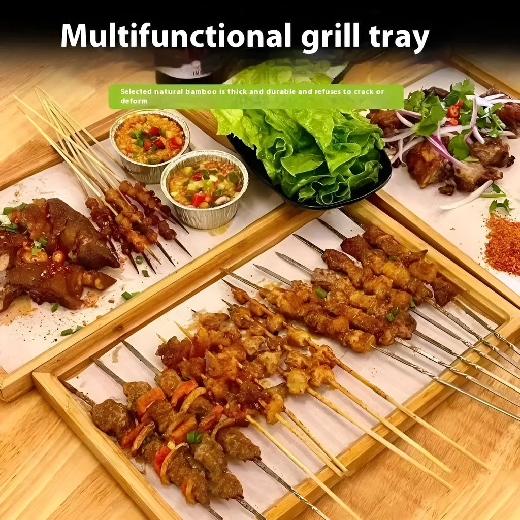 Square bamboo tray with brown handle for barbecue shops and dining establishments