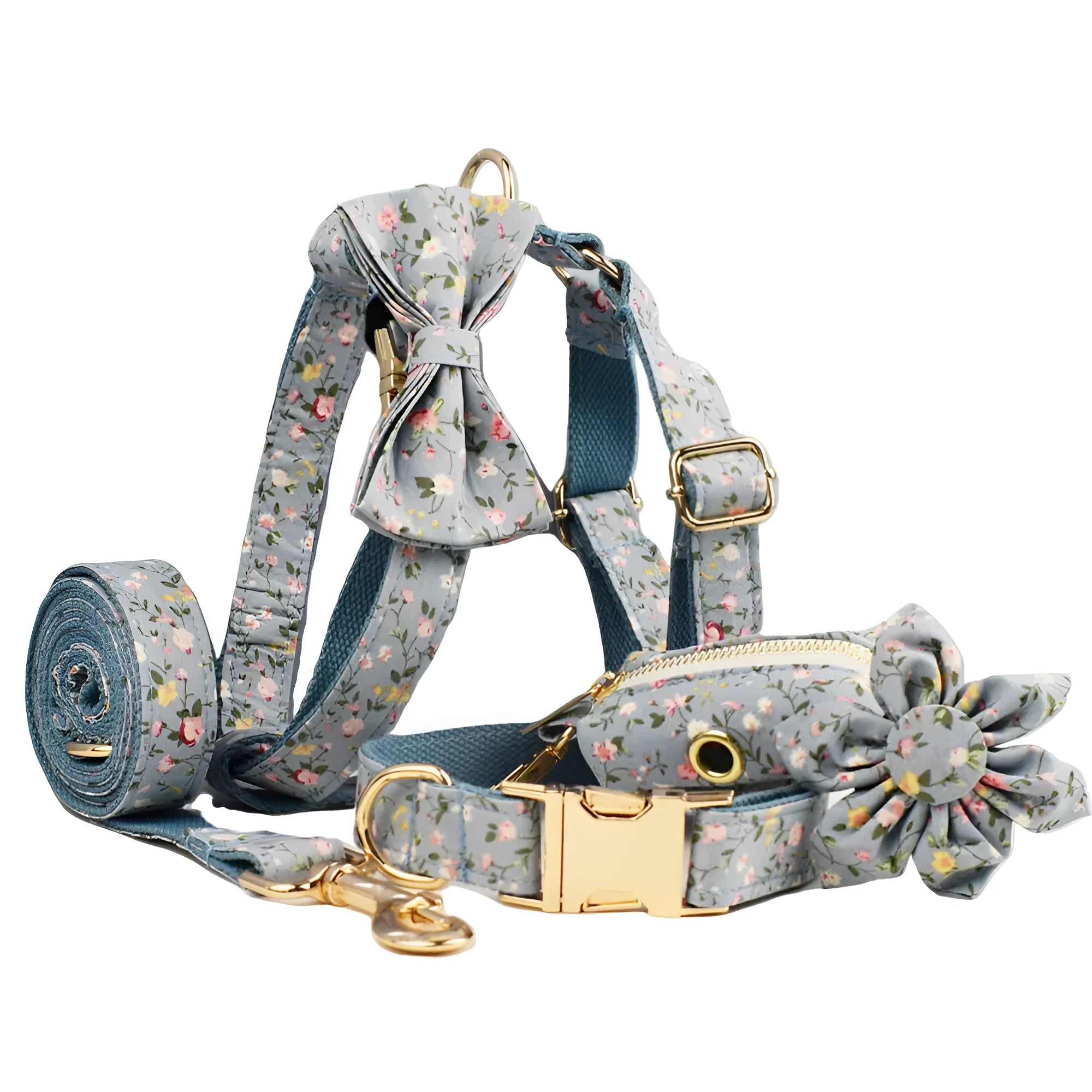 Blue floral patterned dog collar with matching accessories including leash, bow, vest, and poop bag