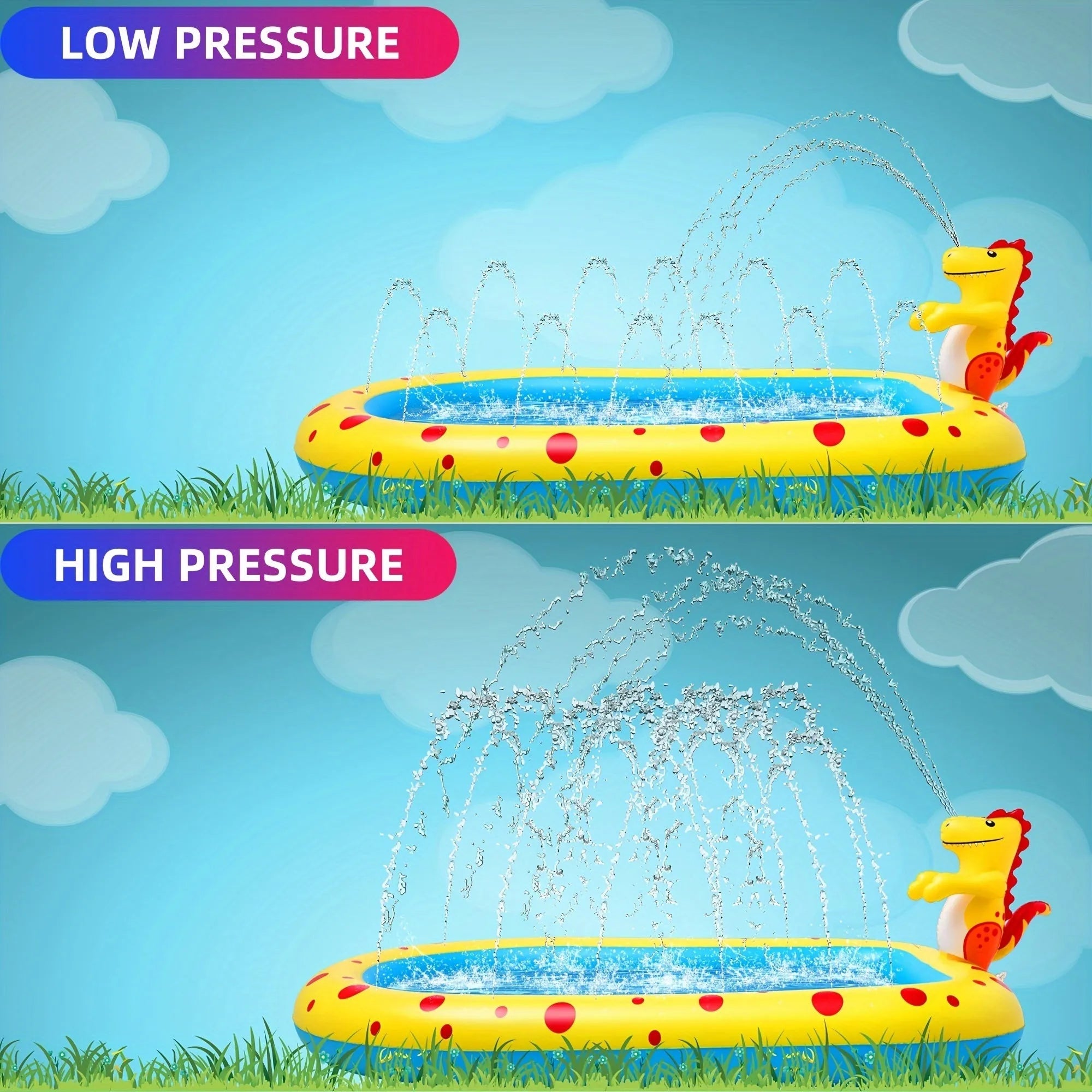 Blue dinosaur-shaped inflatable water spray pool for kids outdoor play