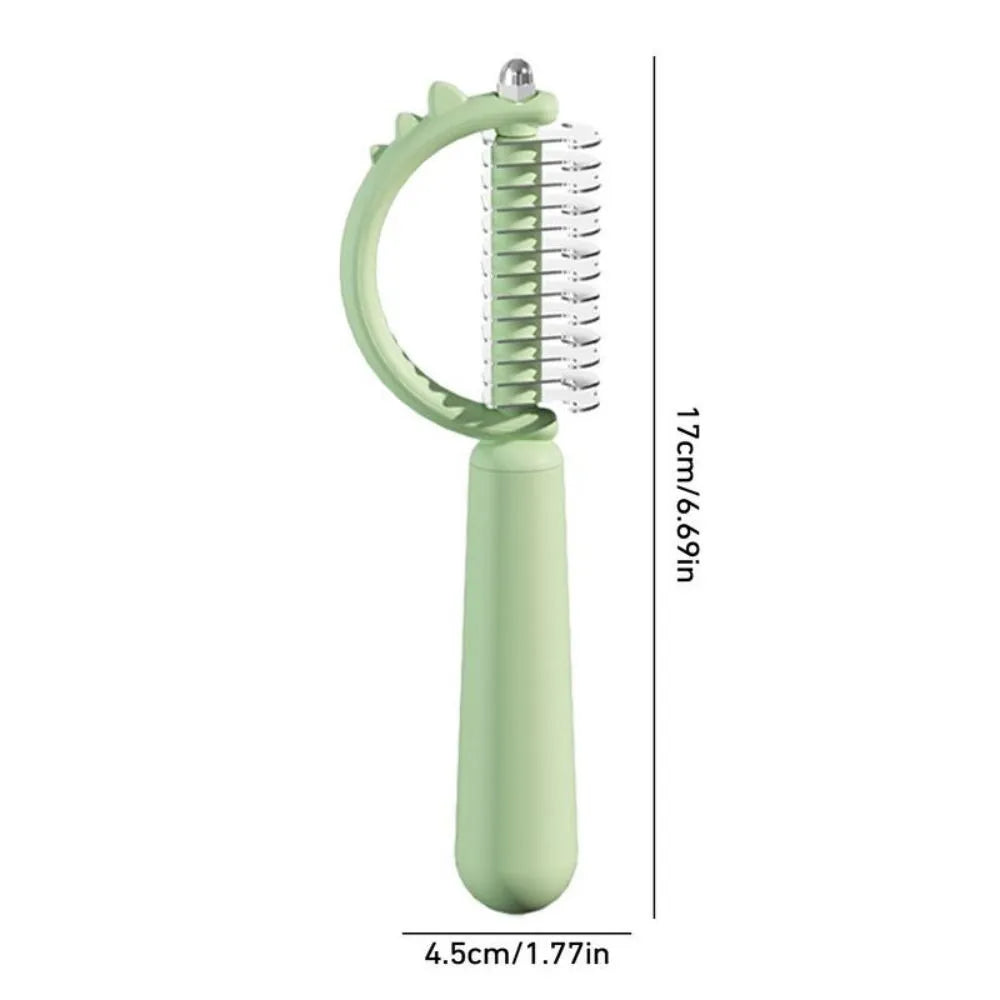 Blue dinosaur-shaped self-cleaning cat brush with stainless steel pins