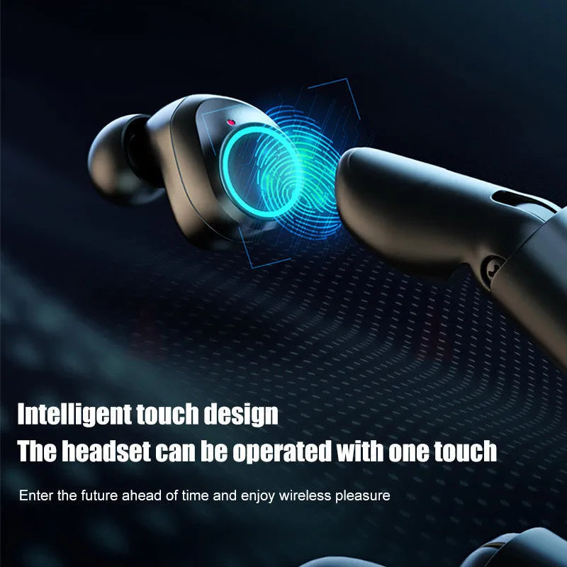 Black Bluetooth gaming headset with charging case showing earplug style design and mobile phone charging capability