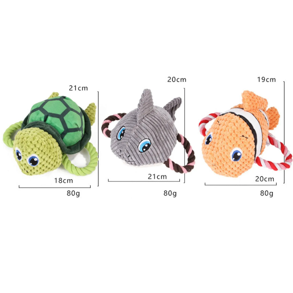 Turtle-shaped plush dog chew toy with knotted texture and squeaker inside