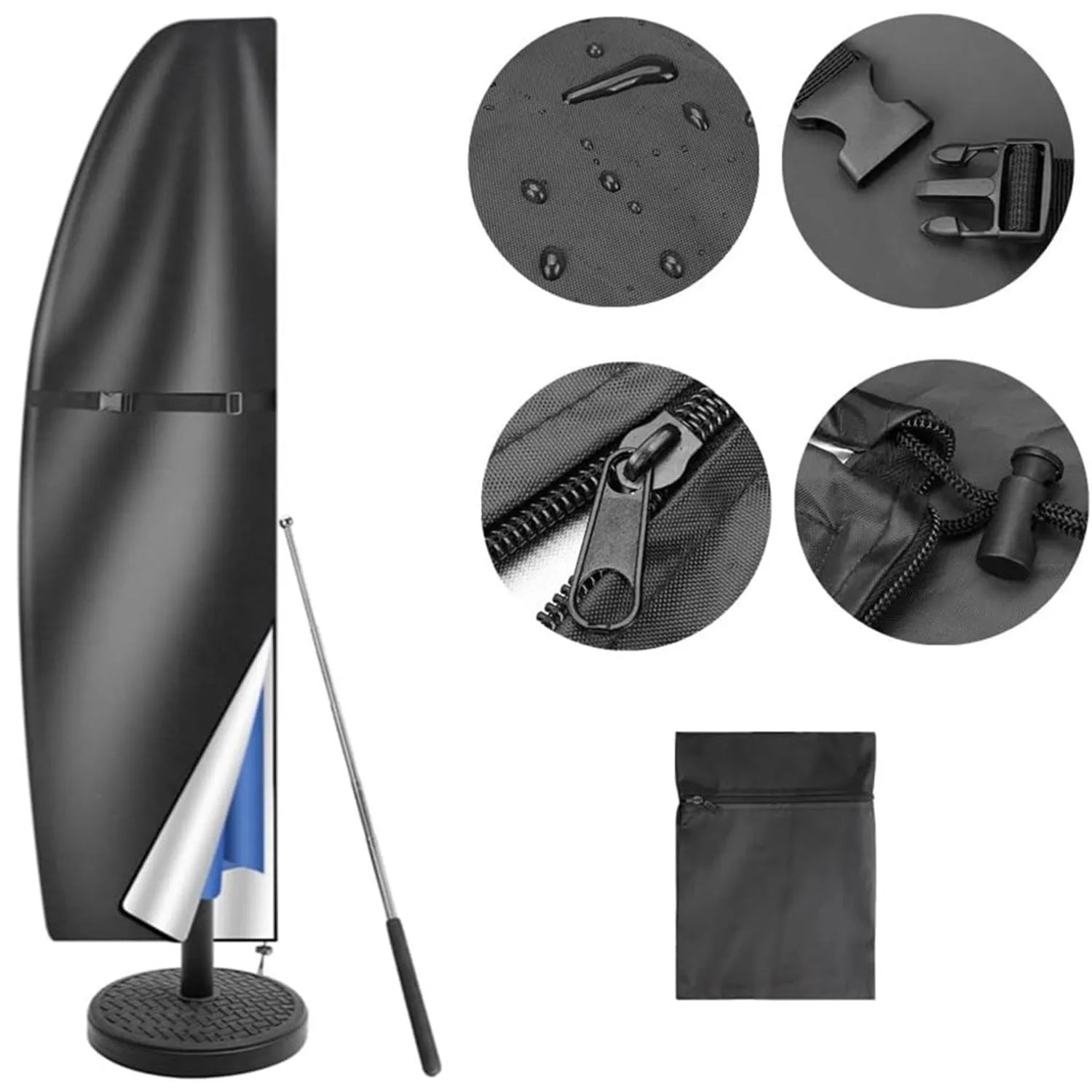 Waterproof outdoor offset banana umbrella cover in Oxford cloth showing black and grey colour options