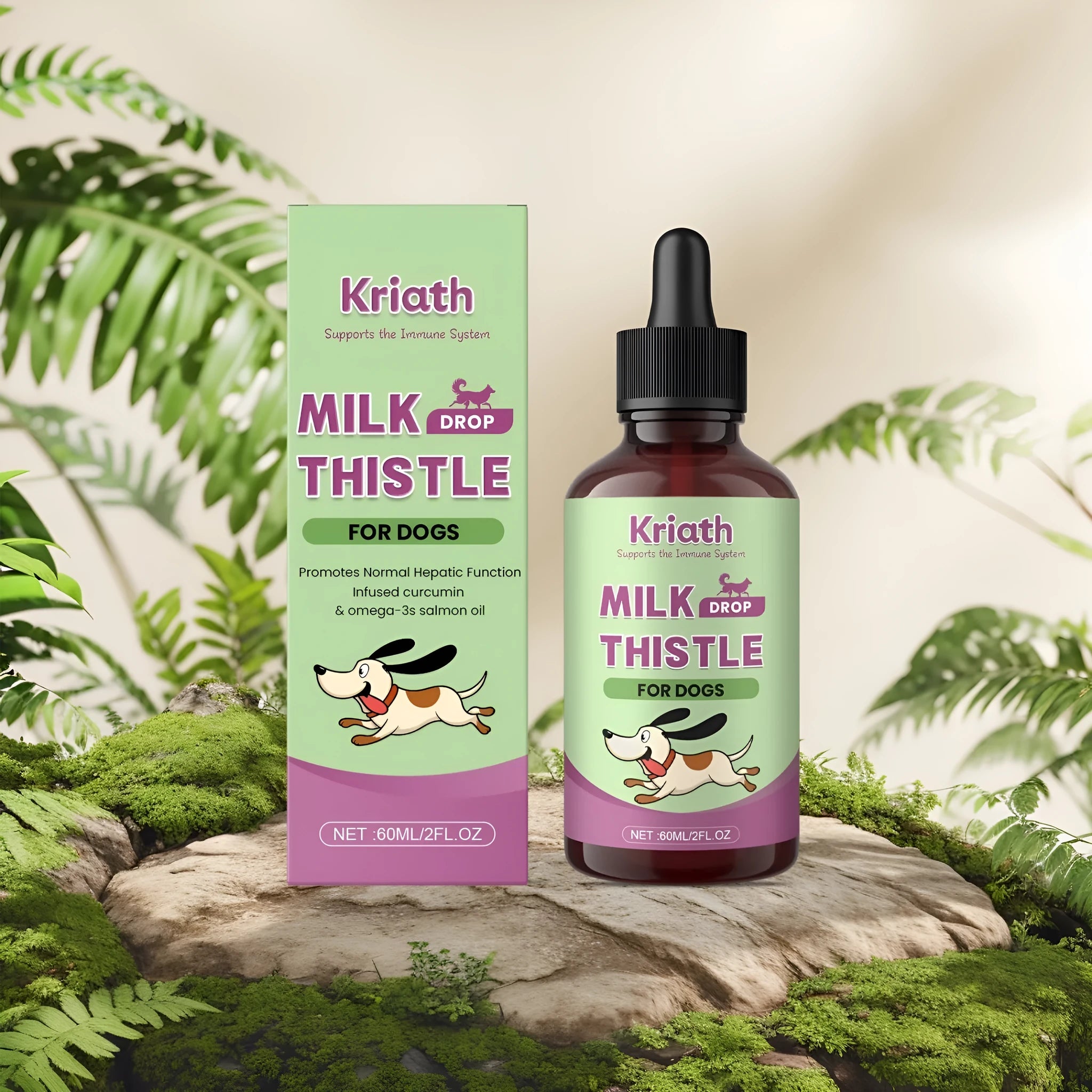 60ml bottle of dog milk thistle and turmeric extract liquid nutrient solution with Omega-3