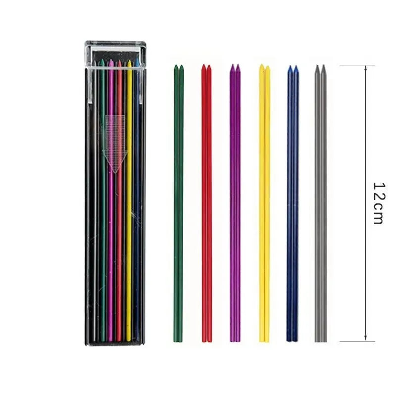Boxed set of 12 erasable mechanical pencil lead refills in rainbow colours for drawing