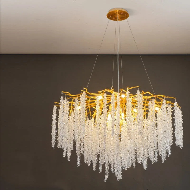 Crystal chandelier light with aluminium alloy body and LED illumination in multiple size configurations