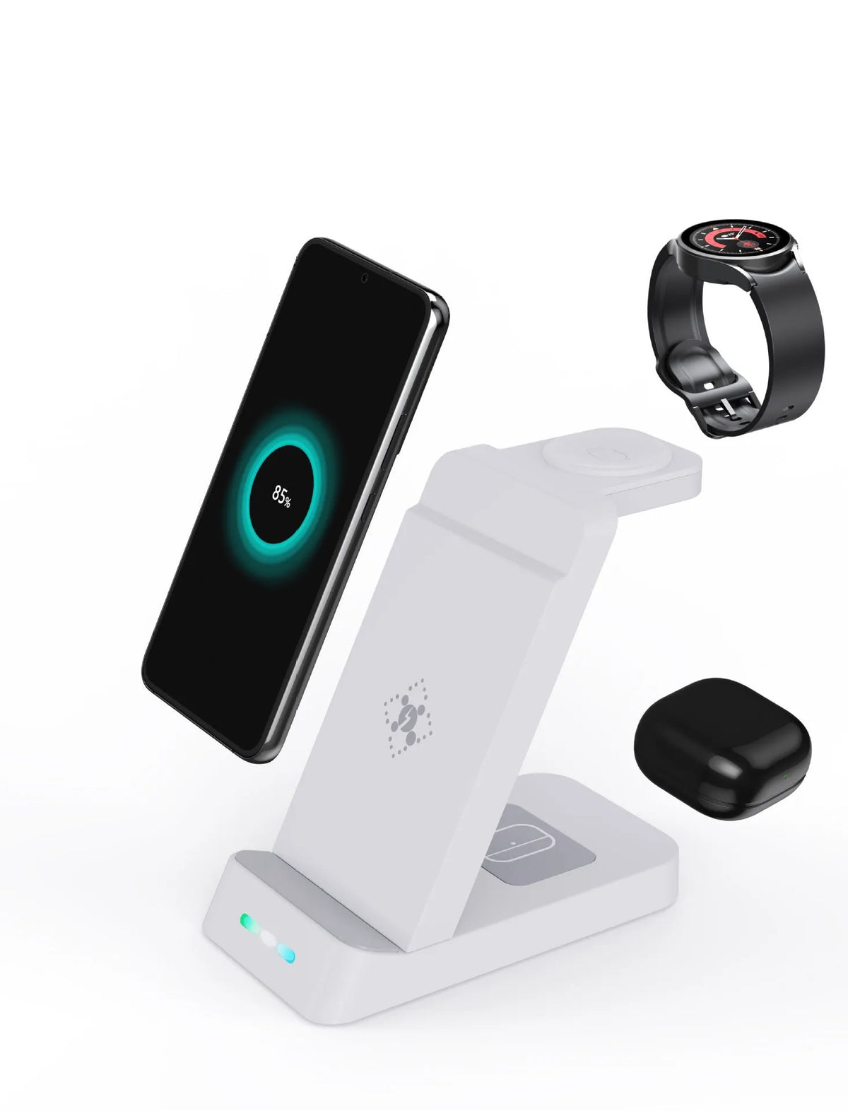 Black and white 3-in-1 wireless charging station for phone, watch, and AirPods on a desk