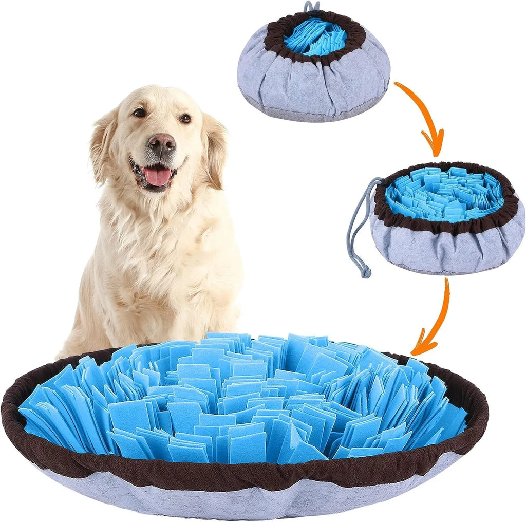 Blue adjustable fabric snuffle mat for dogs, showing food hidden in folds for foraging.