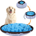 Blue adjustable fabric snuffle mat for dogs, showing food hidden in folds for foraging.