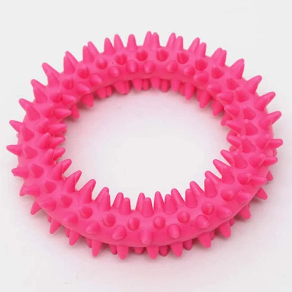 TPR spiky circle ring dog chew toy in blue, green, light blue, pink, rose red, or yellow, 9.5 cm diameter