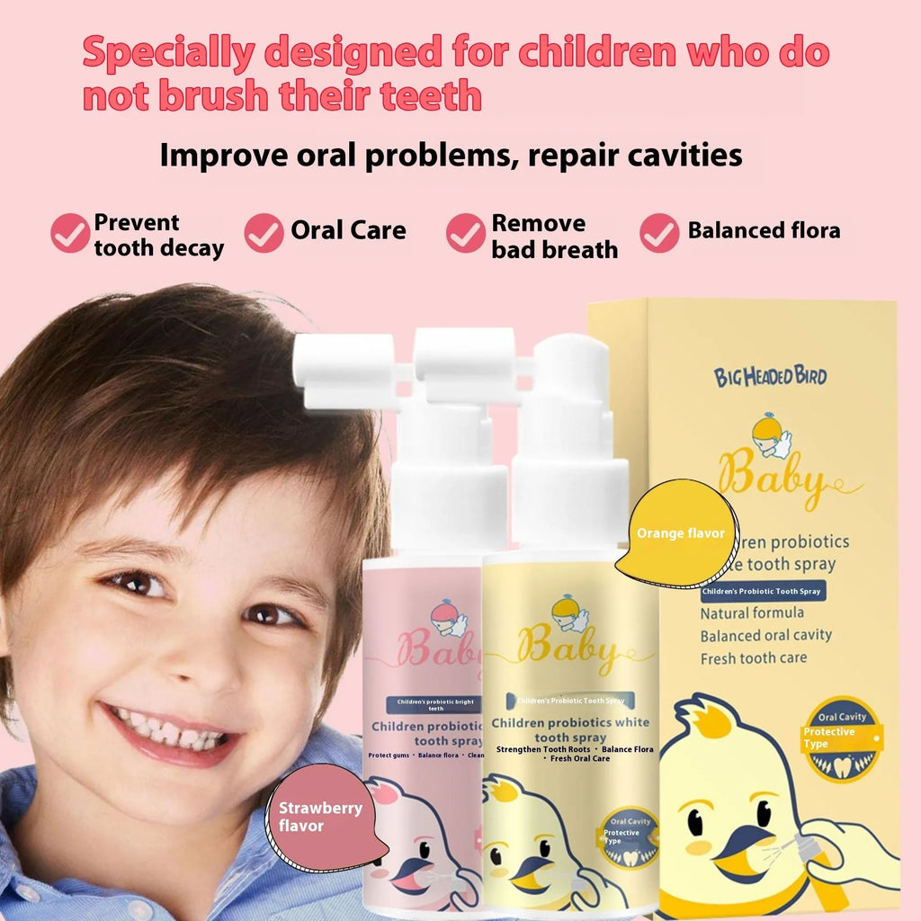 Children's probiotic oral spray bottle for white teeth and anticavity protection in strawberry or orange flavour