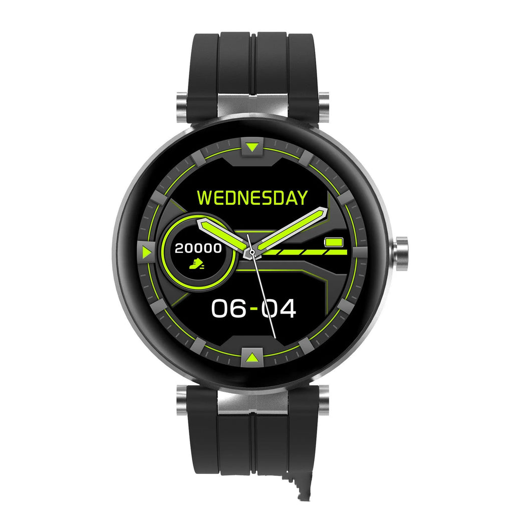 Black smart watch with blood pressure monitor and heart rate tracker on a silicone strap.