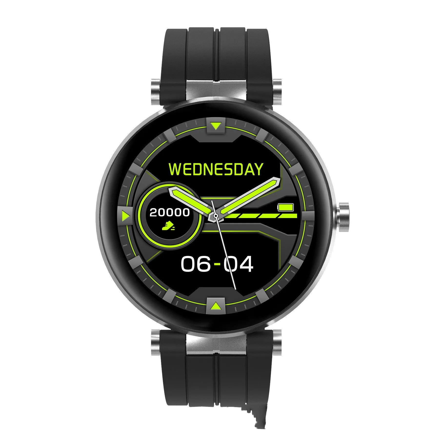 Black smart watch with blood pressure monitor and heart rate tracker on a silicone strap.