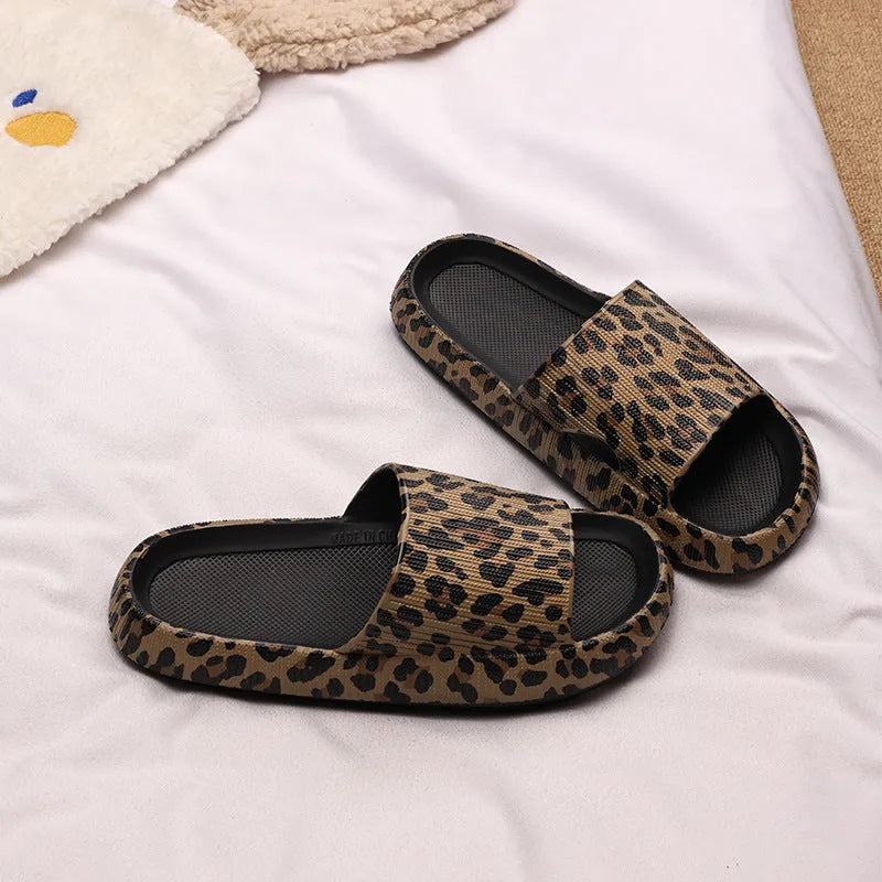 Women's leopard print EVA slippers with thick sole in black, pink, white zebra and khaki colours