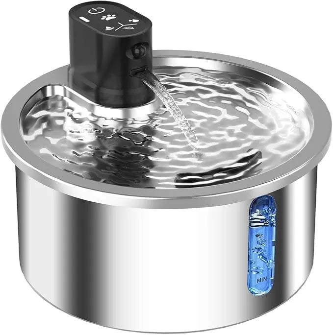Stainless steel pet water fountain with constant temperature heating base in black and white colour options