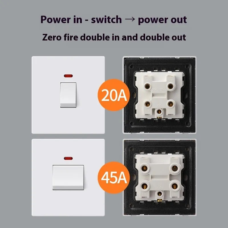 High-current illuminated switch for appliances in gold, grey, or white finish showing on/off light panel.