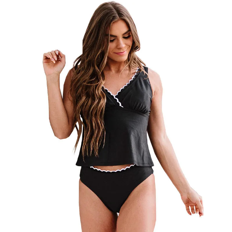 Black sleeveless women's bikini swimsuit made from nylon fabric, showing top and bottom pieces