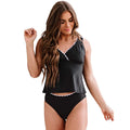 Black sleeveless women's bikini swimsuit made from nylon fabric, showing top and bottom pieces