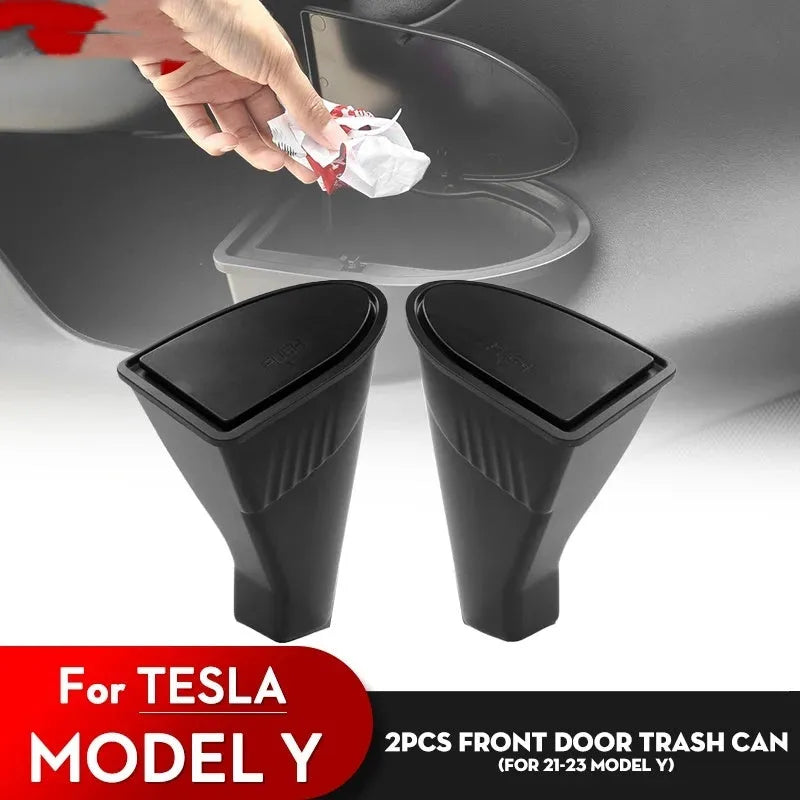 Black waterproof car door trash cans for Tesla Model Y front seats, ABS plastic twin pack
