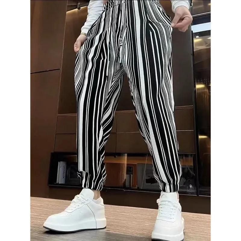 Men's ankle-tied Harlan casual thin cropped ice silk trousers in white or dark grey with striped pattern, sizes M-3XL
