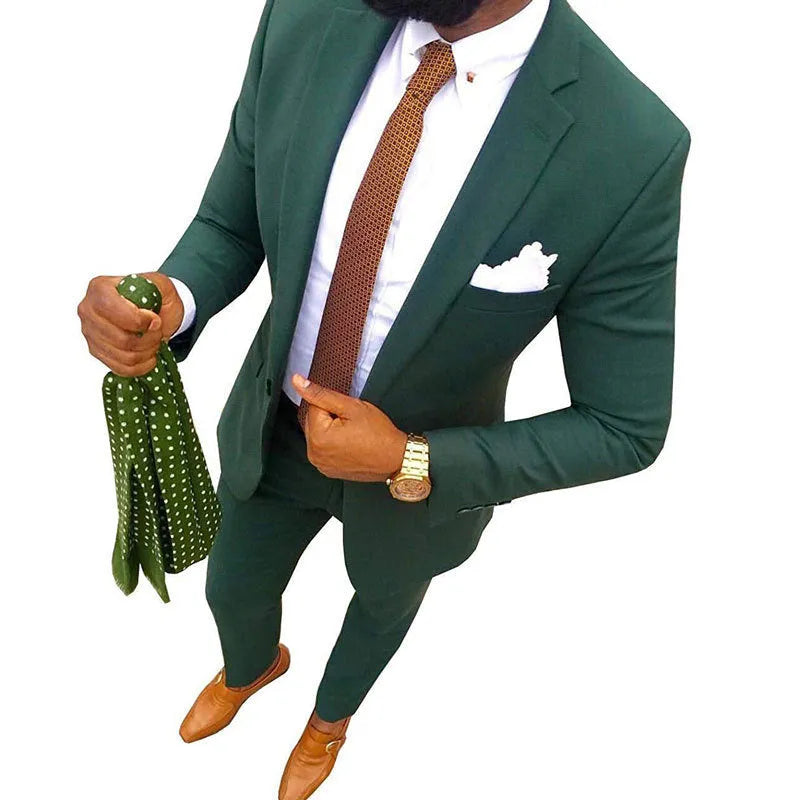 Men's purple cotton banquet suit jacket and trousers on a hanger, showing the two-piece formal set.