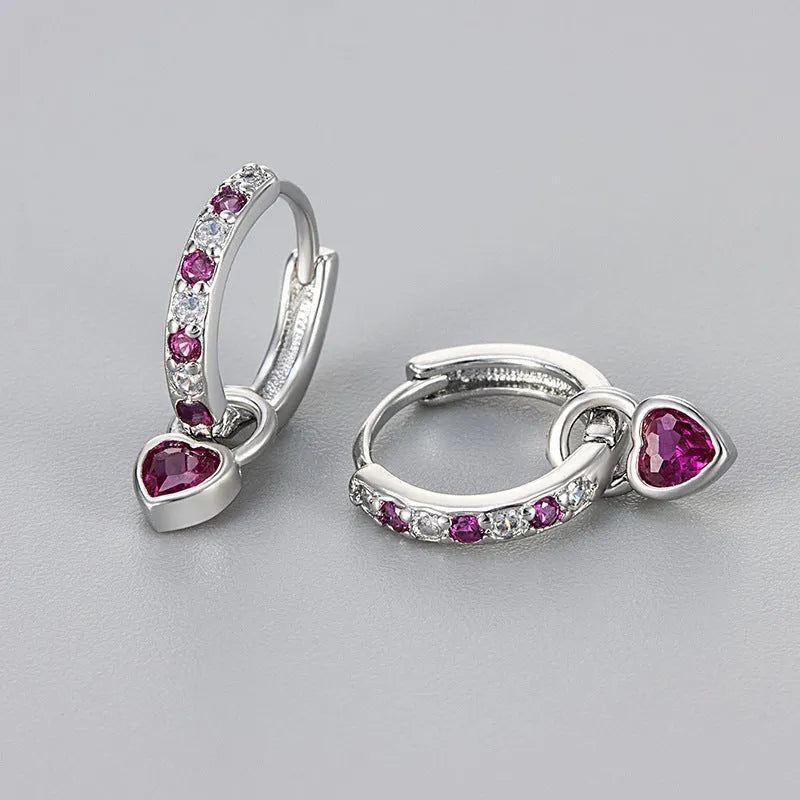 Women's heart-shaped zircon earrings with coloured gemstones in gold or white gold finish