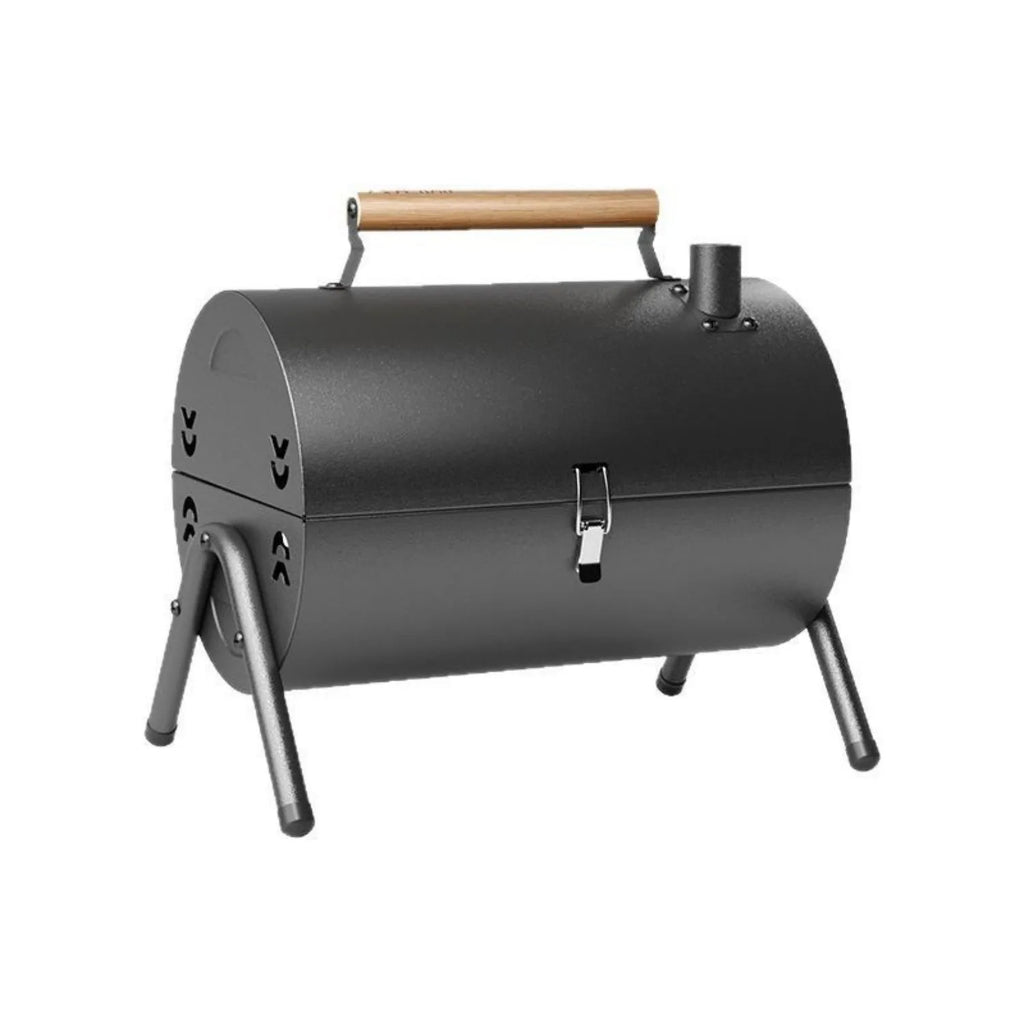 White portable folding charcoal grill with round chimney oven design and detachable carbon tanks