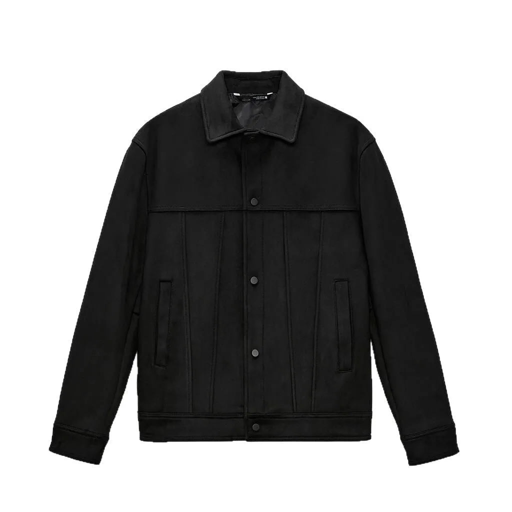 Black men's hooded jacket with a suede collar and side seam pockets on a hanger.