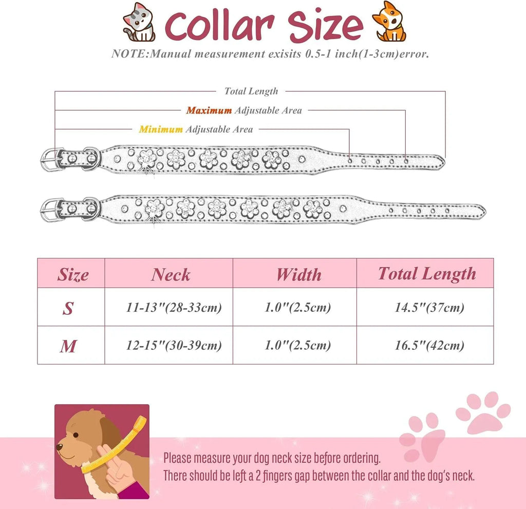 Soft black PU leather dog collar with a sparkling rhinestone flower pattern and silver metal studs, showing the adjustable eyelets and D-ring.