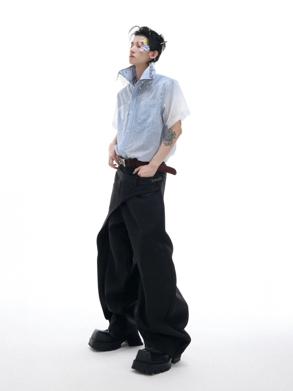 Blue and white gradient loose fit short sleeve men's casual shirt on a hanger