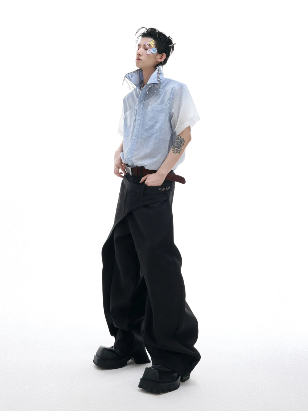 Blue and white gradient loose fit short sleeve men's casual shirt on a hanger