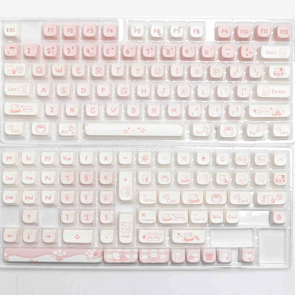 Full set of PBT key caps for mechanical keyboards showing over 98 keys with uniform 1.5mm profile height