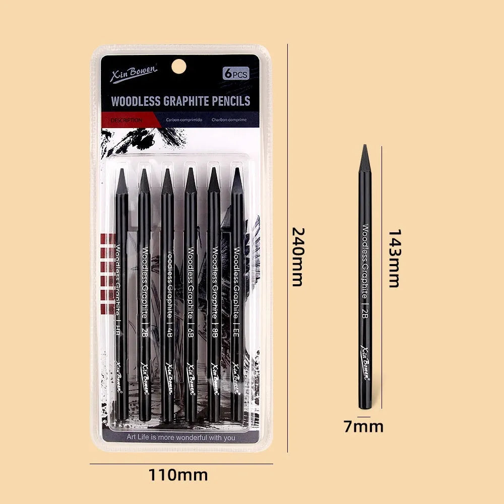 Set of six graphite sketching pencils in grades HB, 2B, 4B, 6B, 8B, and EE.