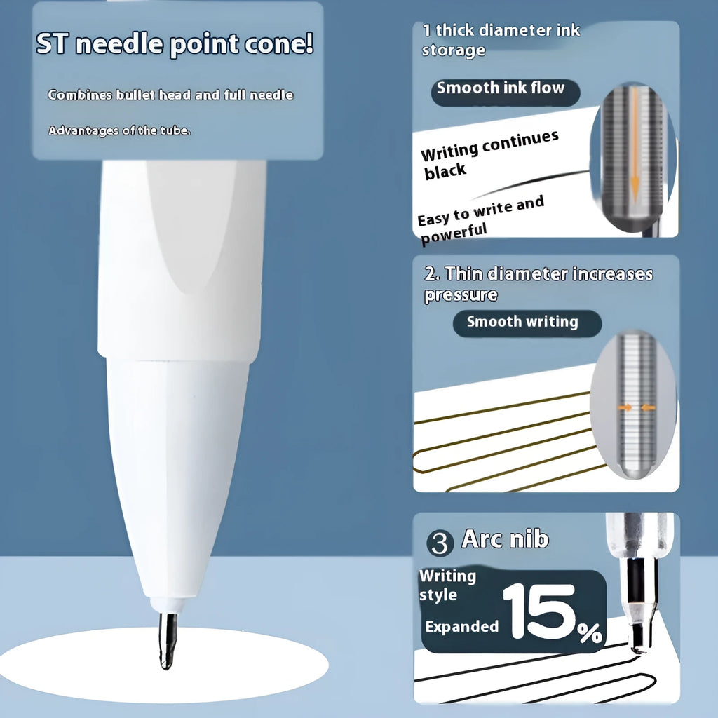 Pack of ten quick-drying ballpoint pen refills in black, red, blue, and ink blue colours.