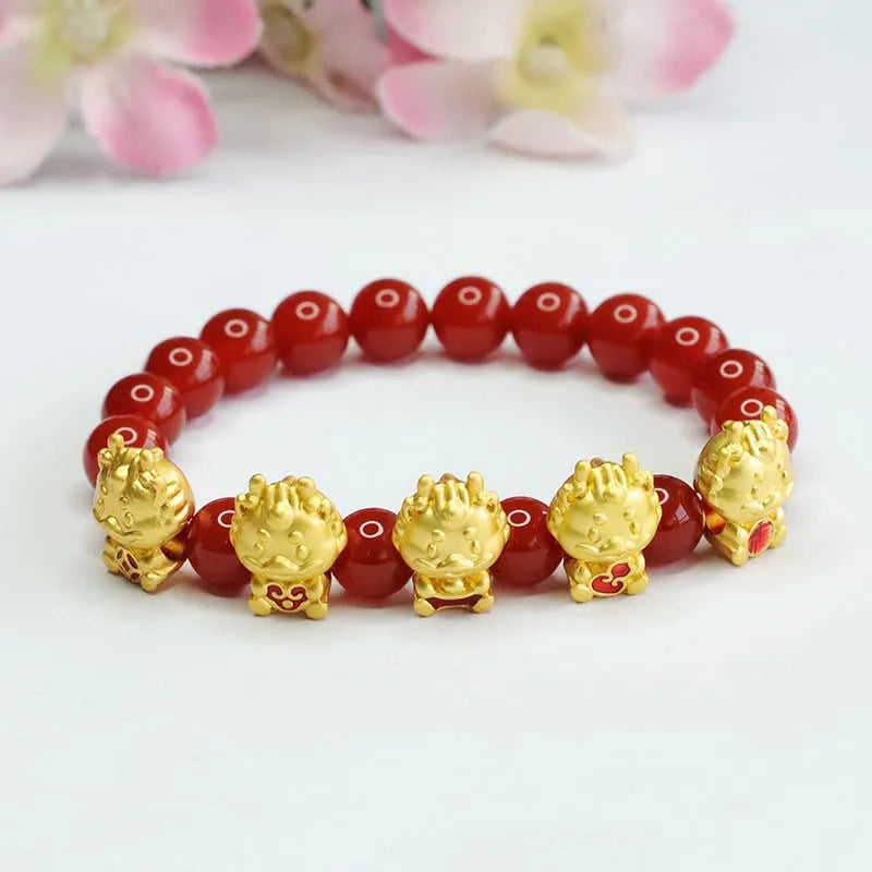 Natural red agate bracelet with Five Blessing Dragon design and 8mm beads.