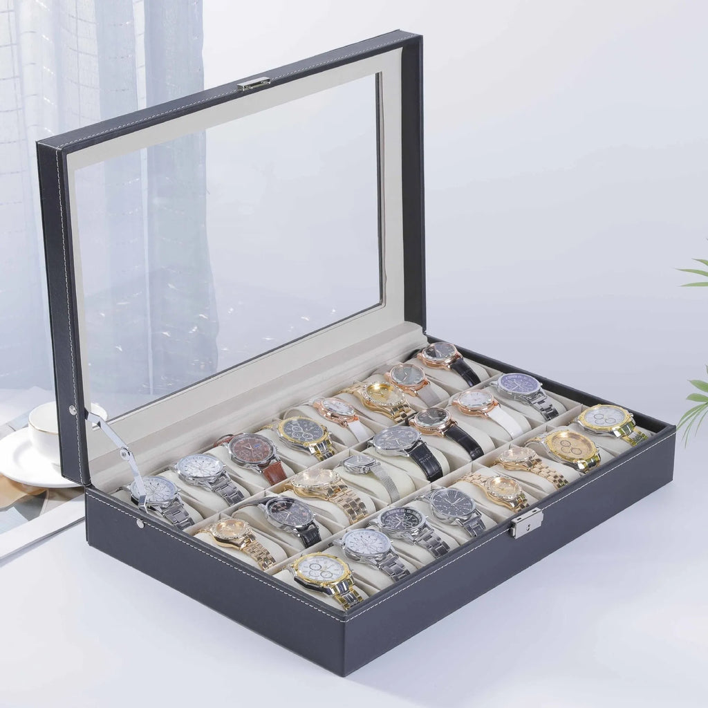 Grey high-grade leather watch storage box with transparent dustproof lid showing internal watch slots
