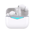 True wireless gaming Bluetooth headphones in black, pink, white, or grey with charging case and silicone eartips.