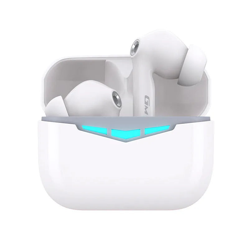 True wireless gaming Bluetooth headphones in black, pink, white, or grey with charging case and silicone eartips.