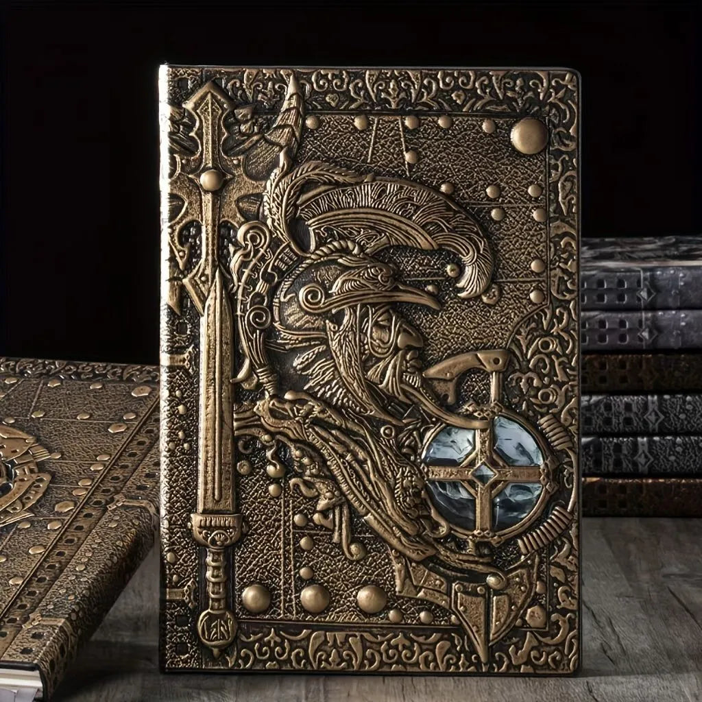 A5 leather notebook with an embossed 3D warriors design on the cover, shown in bronze colour.