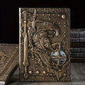 A5 leather notebook with an embossed 3D warriors design on the cover, shown in bronze colour.