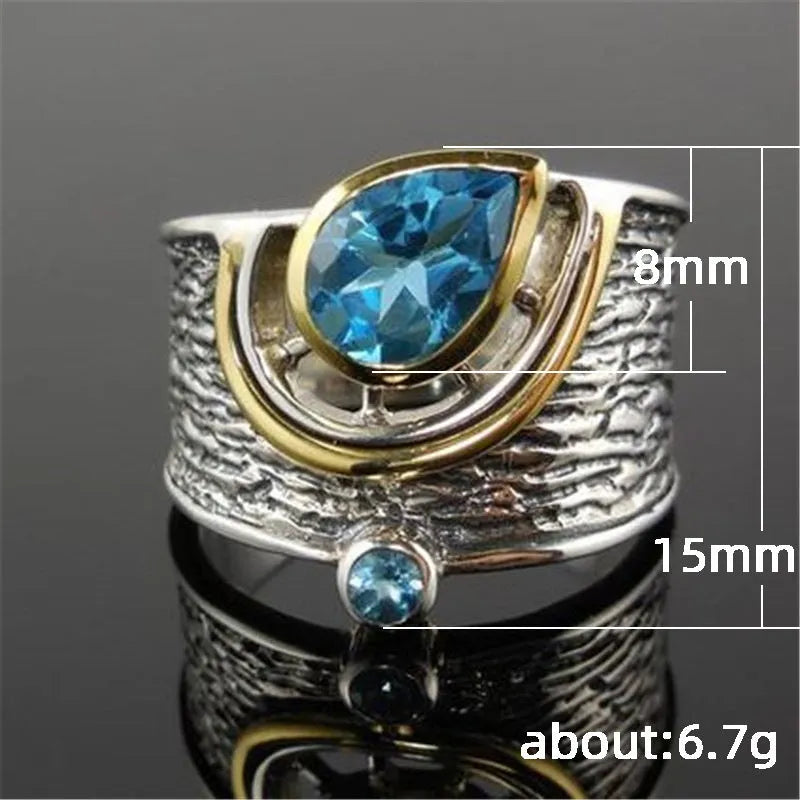 Women's creative Chinese style alloy ring with a drop-shaped inlaid blue rhinestone zircon.