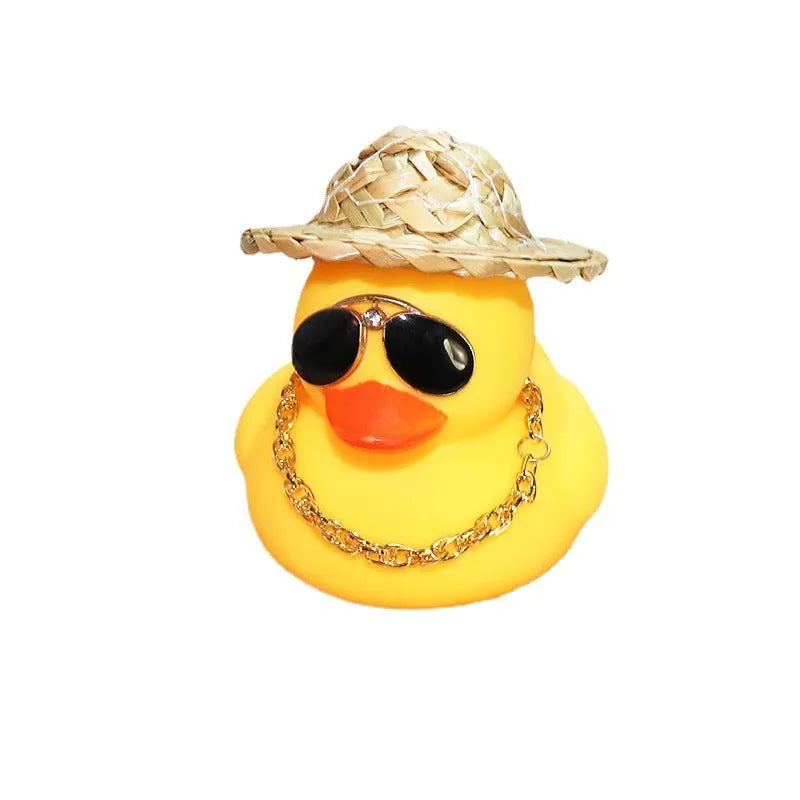 Yellow duck wearing straw hat car dashboard ornament with sunglasses necklace accessory
