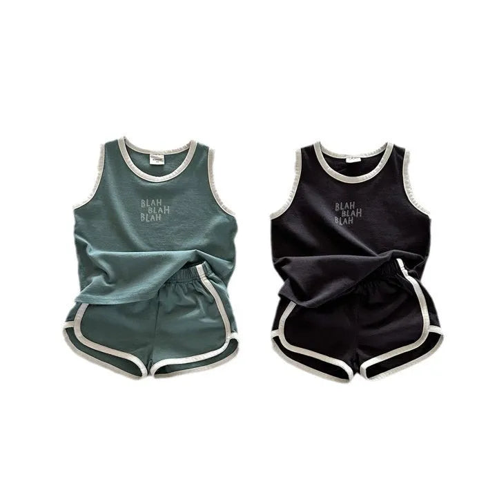 Children's cotton sports vest and shorts set in green or brown, two-piece outfit, sizes 80cm to 130cm.