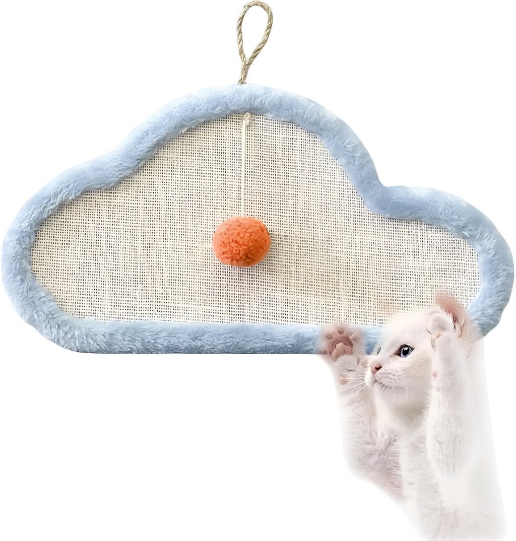 White cat scratching mat with sleeping cat cartoon design made from natural sisal