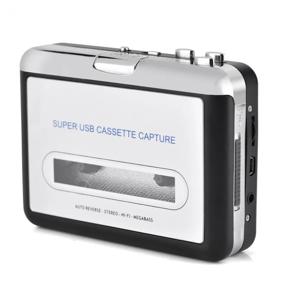 Silver USB cassette tape to MP3 digital audio converter unit with cable
