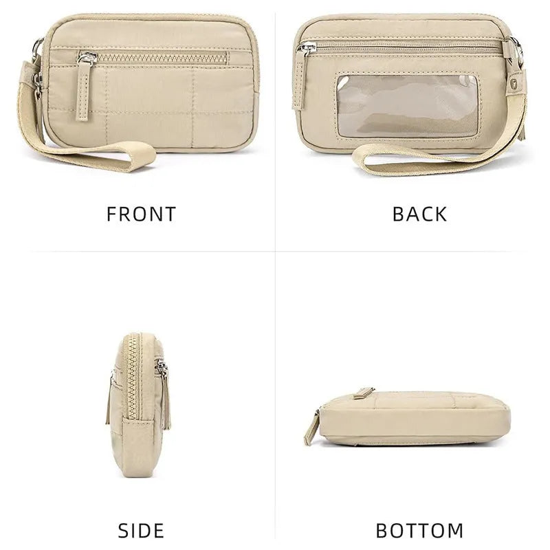 Women's waterproof quilted nylon handbag with transparent deck in beige colour