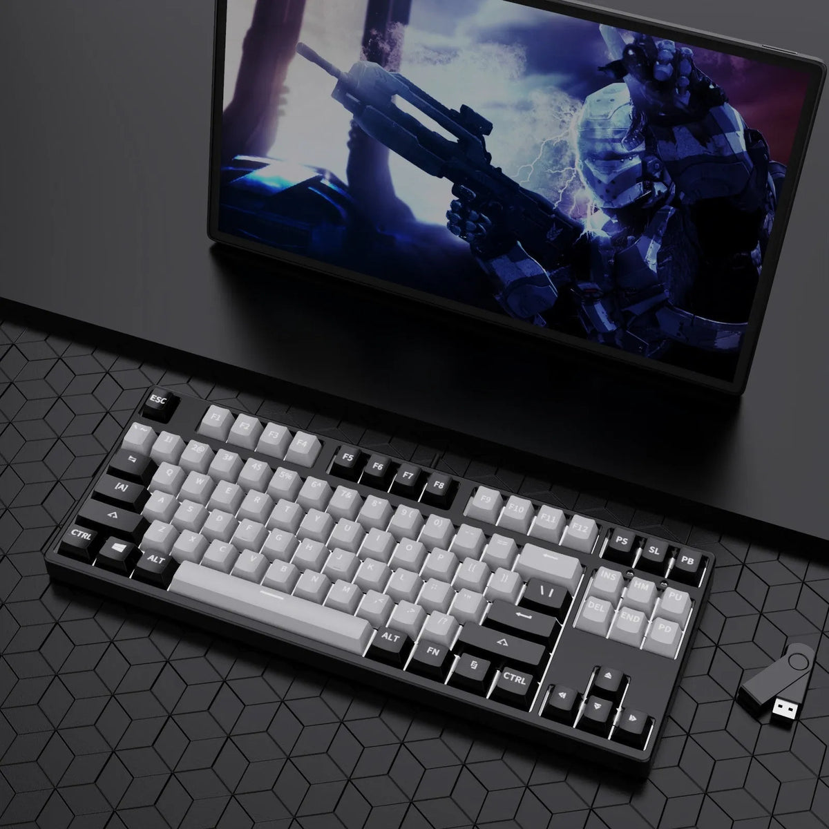 87 key wired mechanical keyboard with hot-swappable switches showing dual-colour keycap theme on metal body