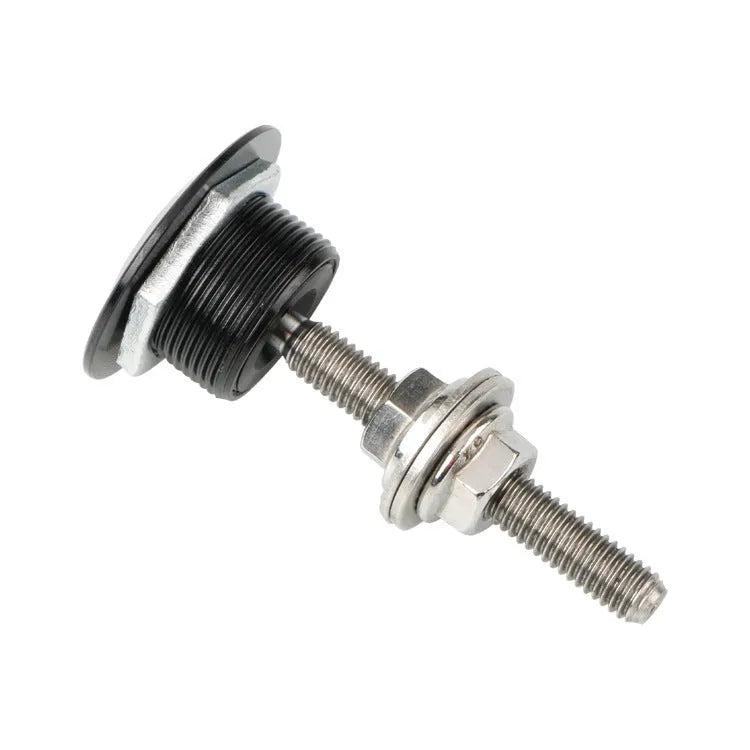 30mm diameter aluminium engine cover lock with steel screw in silver finish on a dark background.